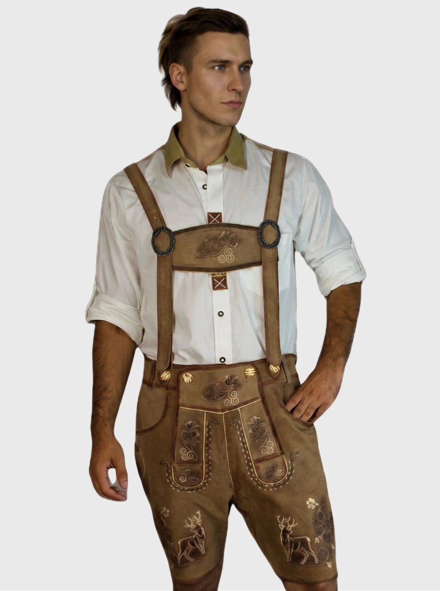 Camel Brown Short Lederhosen for Men with Deer Motif