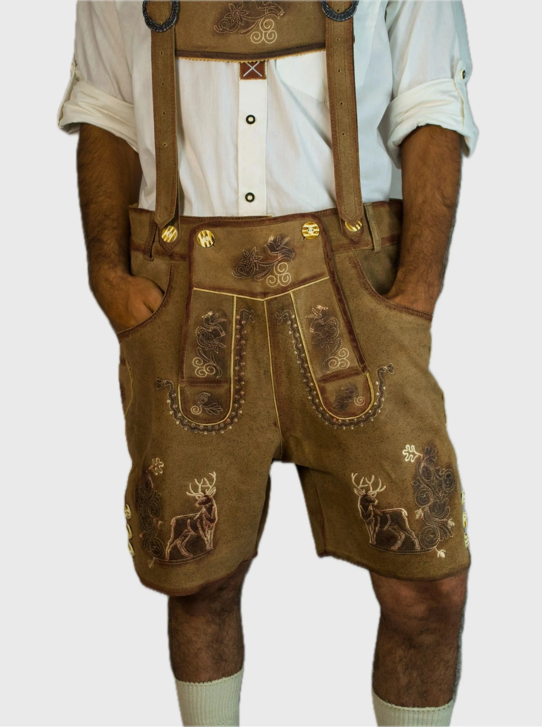 Camel Brown Short Lederhosen for Men with Deer Motif