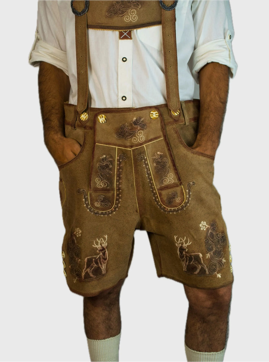 Camel Brown Short Lederhosen for Men with Deer Motif
