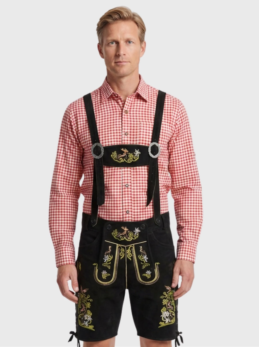 Hand-Embroidered Black Bavarian Lederhosen for Men