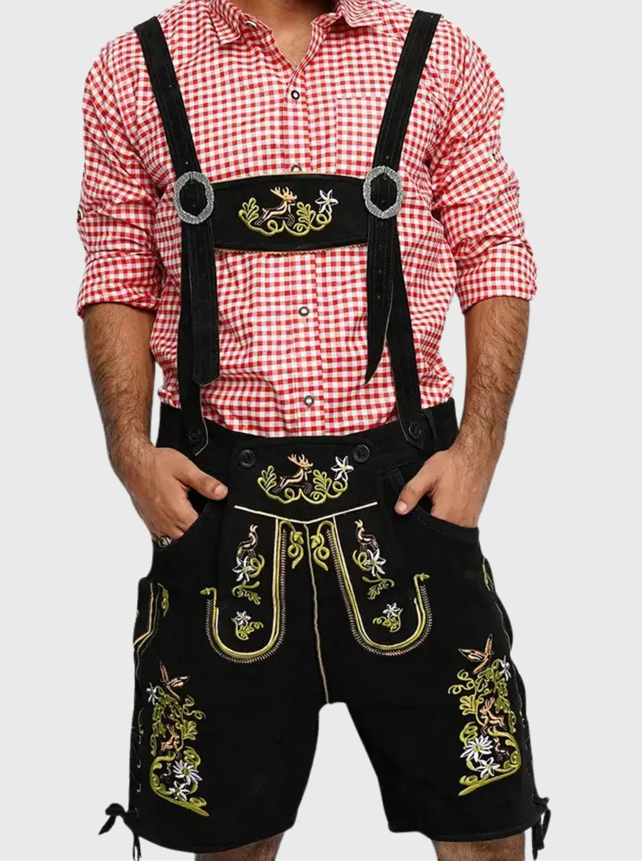 Hand-Embroidered Black Bavarian Lederhosen for Men