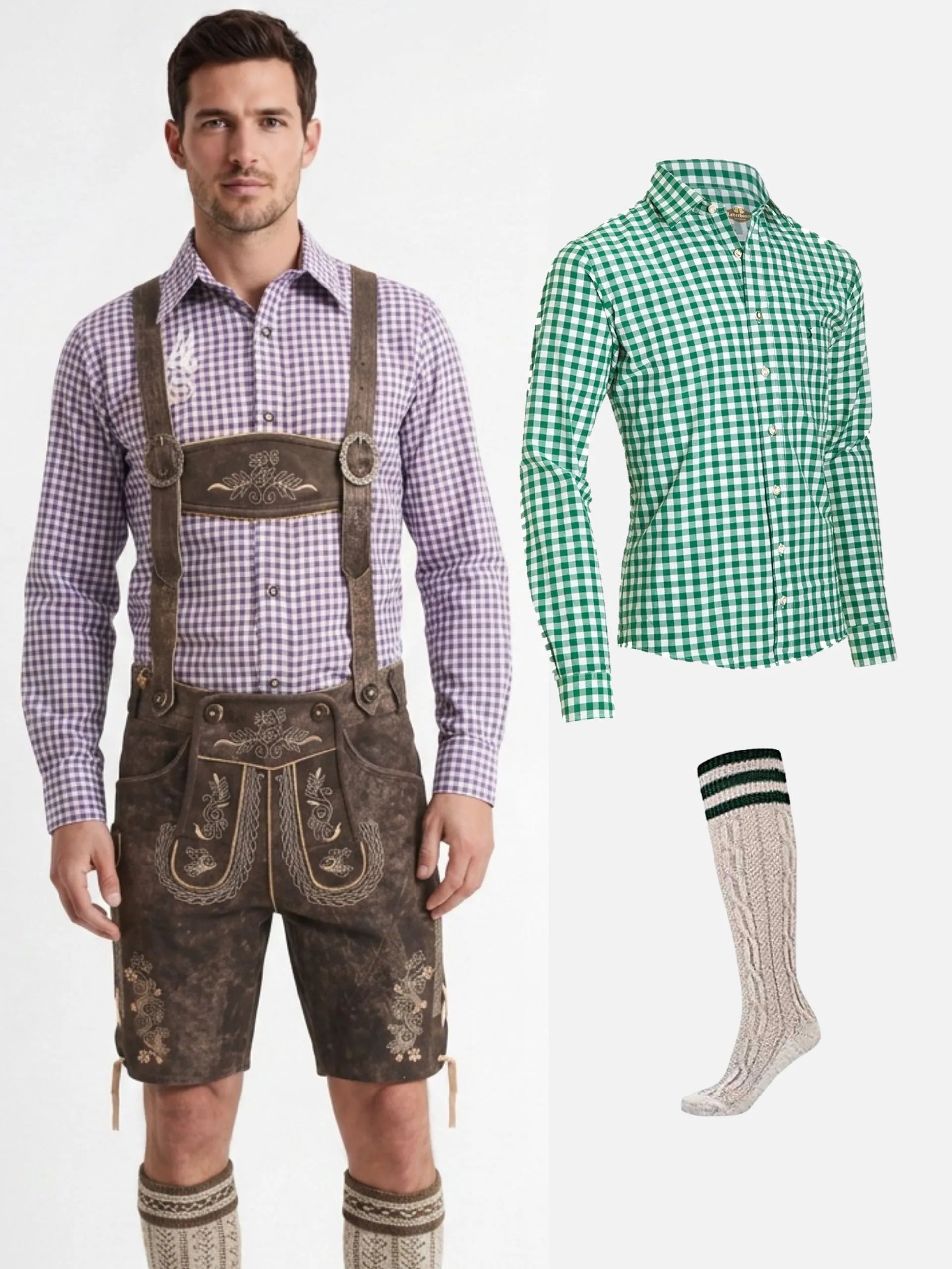 Oktoberfest Lederhosen Bundle – Brown Leather Shorts, Checkered Bavarian Shirt & Calf Socks Set