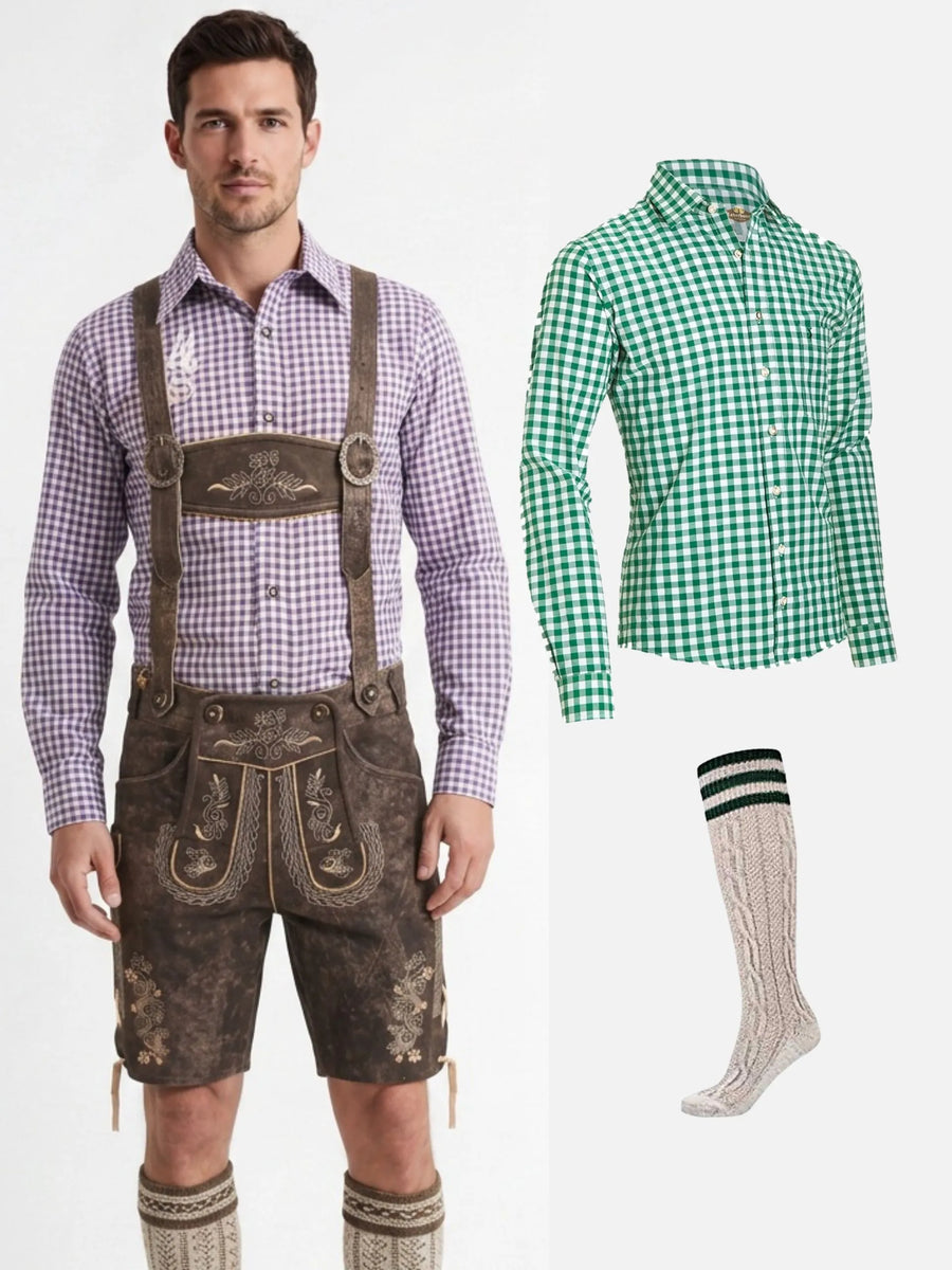 Oktoberfest Lederhosen Bundle – Brown Leather Shorts, Checkered Bavarian Shirt & Calf Socks Set