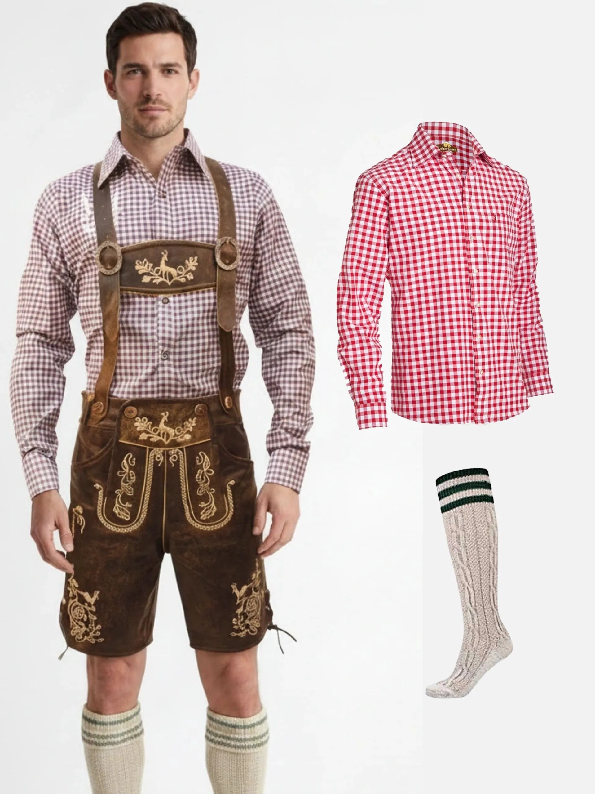 Men’s Oktoberfest Lederhosen Bundle – Dark Brown Leather Shorts, Checkered Bavarian Shirt & Calf Socks Set