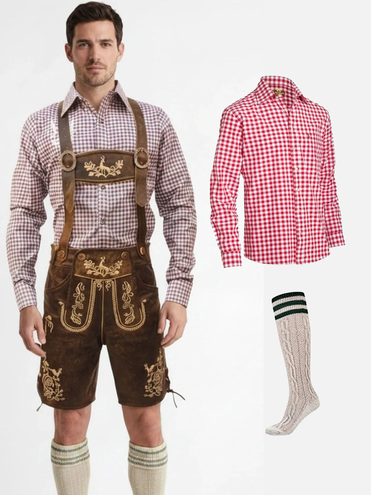 Men’s Oktoberfest Lederhosen Bundle – Dark Brown Leather Shorts, Checkered Bavarian Shirt & Calf Socks Set