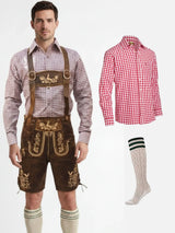 Men’s Oktoberfest Lederhosen Bundle – Dark Brown Leather Shorts, Checkered Bavarian Shirt & Calf Socks Set