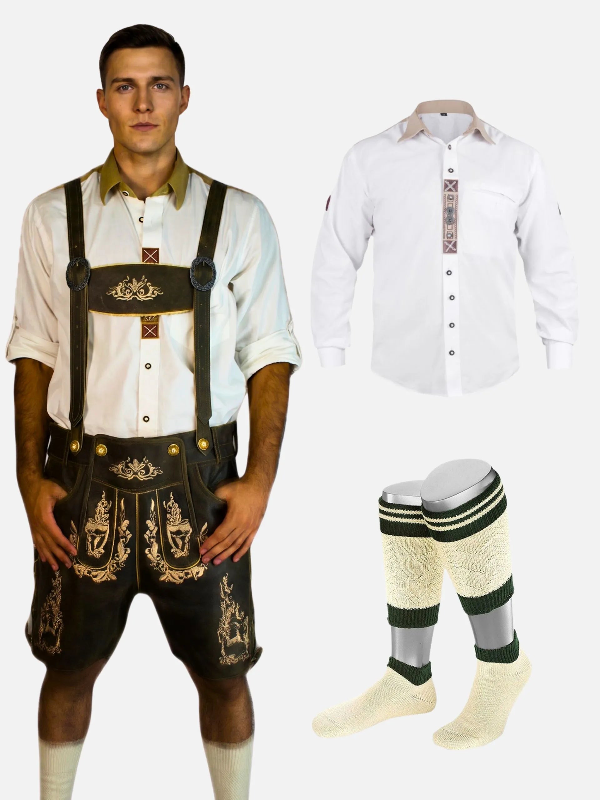 Men’s Oktoberfest Lederhosen Bundle – Embroidered Leather Shorts, White Embroidered Shirt & Loferl Socks Set