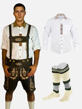 Men’s Oktoberfest Lederhosen Bundle – Embroidered Leather Shorts, White Embroidered Shirt & Loferl Socks Set