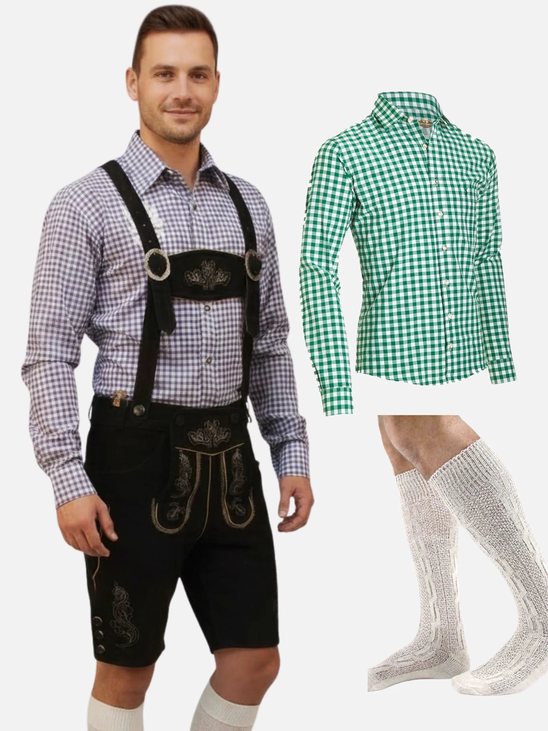 Oktoberfest Lederhosen Bundle for Men – Genuine Leather Shorts + Bavarian Checkered Shirt + Calf Socks Set