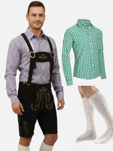 Oktoberfest Lederhosen Bundle for Men – Genuine Leather Shorts + Bavarian Checkered Shirt + Calf Socks Set