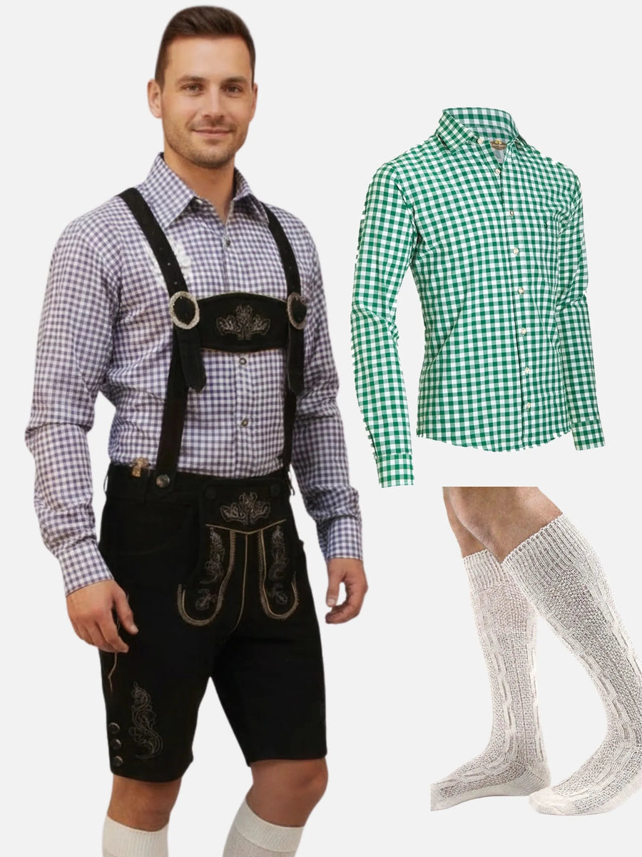 Oktoberfest Lederhosen Bundle for Men – Genuine Leather Shorts + Bavarian Checkered Shirt + Calf Socks Set