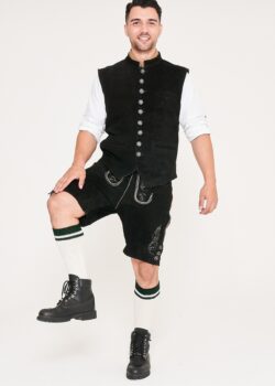 Traditional German Waistcoat Stone Black_ Leg Up Pose View