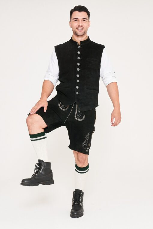 Traditional German Waistcoat Stone Black_ Leg Up Pose View