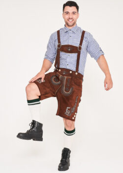 German Mens Lederhosen Shaded Brown Deer Motif_ Leg Up View